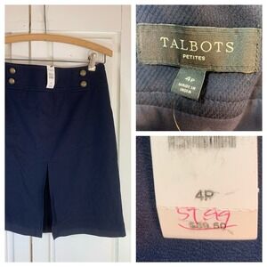 Talbots Petites Classic Preppy Navy Gold Buttons Stretch Skirt 4P Old‎ Money